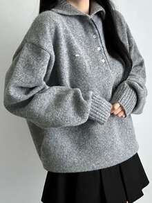DAZY Sweater Rajut Wanita Warna Polos Longgar Kerah Tinggi Lengan Panjang Label Logam Kasual untuk Liburan Musim Semi Musim Gugur - Grey - View 3
