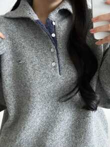 DAZY Sweater Rajut Wanita Warna Polos Longgar Kerah Tinggi Lengan Panjang Label Logam Kasual untuk Liburan Musim Semi Musim Gugur - Grey - View 4