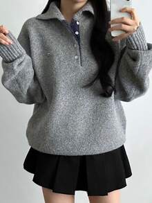 DAZY Sweater Rajut Wanita Warna Polos Longgar Kerah Tinggi Lengan Panjang Label Logam Kasual untuk Liburan Musim Semi Musim Gugur - Grey - View 1