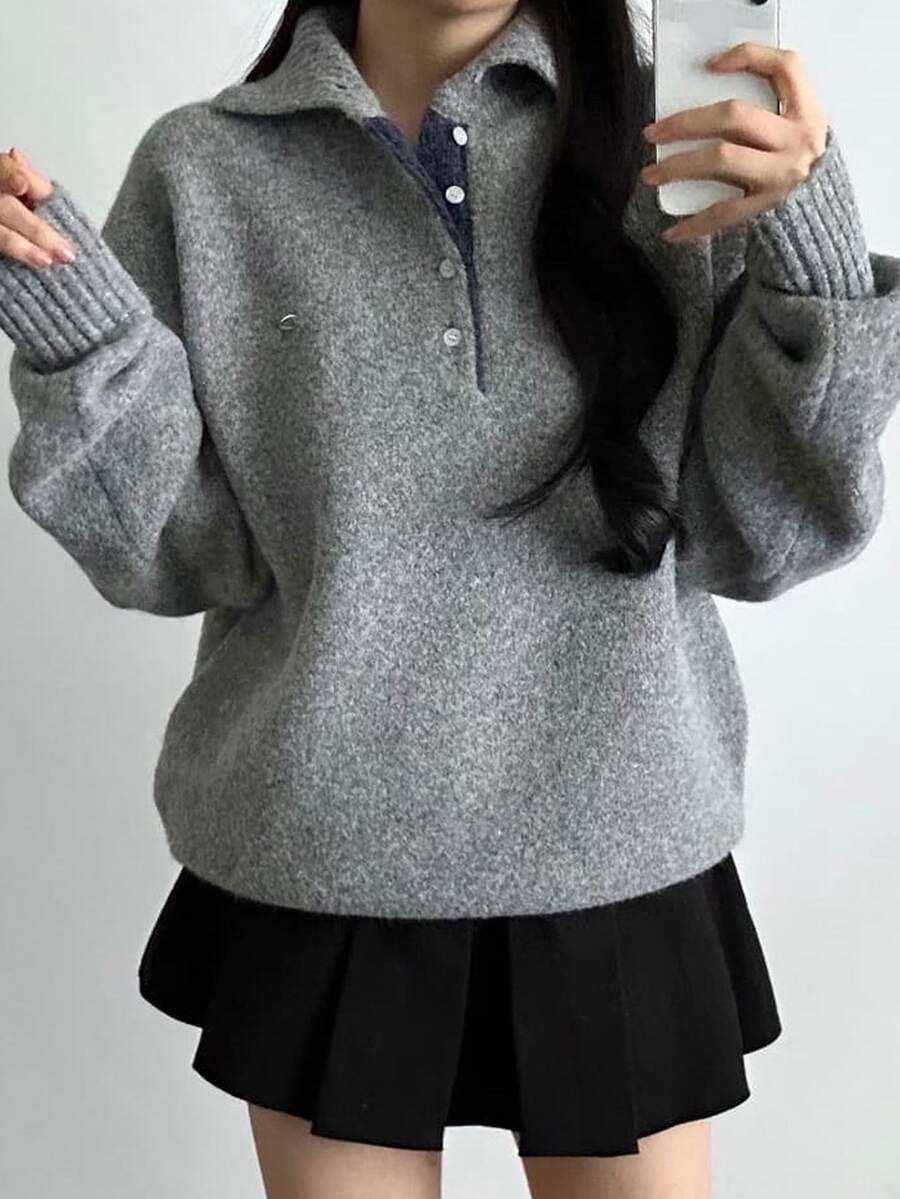 DAZY Sweater Rajut Wanita Warna Polos Longgar Kerah Tinggi Lengan Panjang Label Logam Kasual untuk Liburan Musim Semi Musim Gugur - Grey - View 1