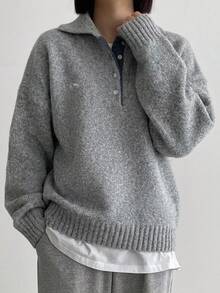 DAZY Sweater Rajut Wanita Warna Polos Longgar Kerah Tinggi Lengan Panjang Label Logam Kasual untuk Liburan Musim Semi Musim Gugur - Grey - View 6