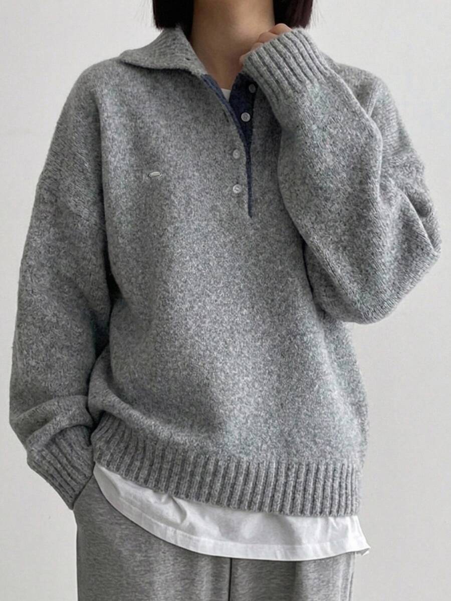 DAZY Women's Solid Color Loose High Neck Long Sleeve Metal Label Casual Vacation Spring Autumn Pullover Knit Sweater - Grey - View 1