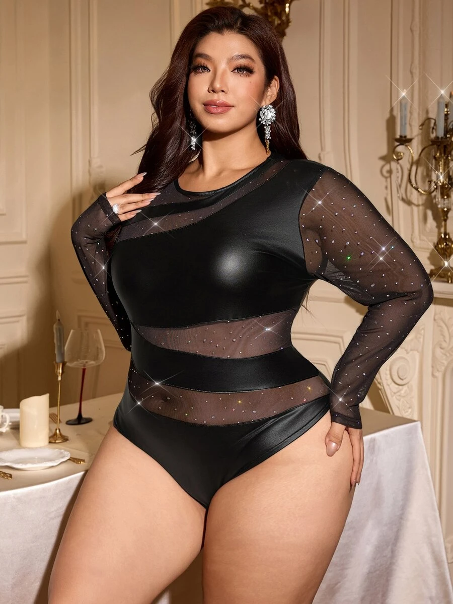Reflora Plus Size Women's Patchwork Rhinestone Mesh Long Sleeve Fashion Sexy Bodysuit - Black - View 1