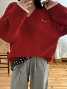 DAZY 字母刺繡落肩針織衫（不含T恤）秋季款 - 紅色 - 查看 7