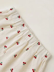 SHEIN 青少年女孩休閒黃色提花蝴蝶結肩帶背心與短褲兩件套 - 紅色 - 查看 7