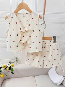 SHEIN 青少年女孩休閒黃色提花蝴蝶結肩帶背心與短褲兩件套 - 紅色 - 查看 8
