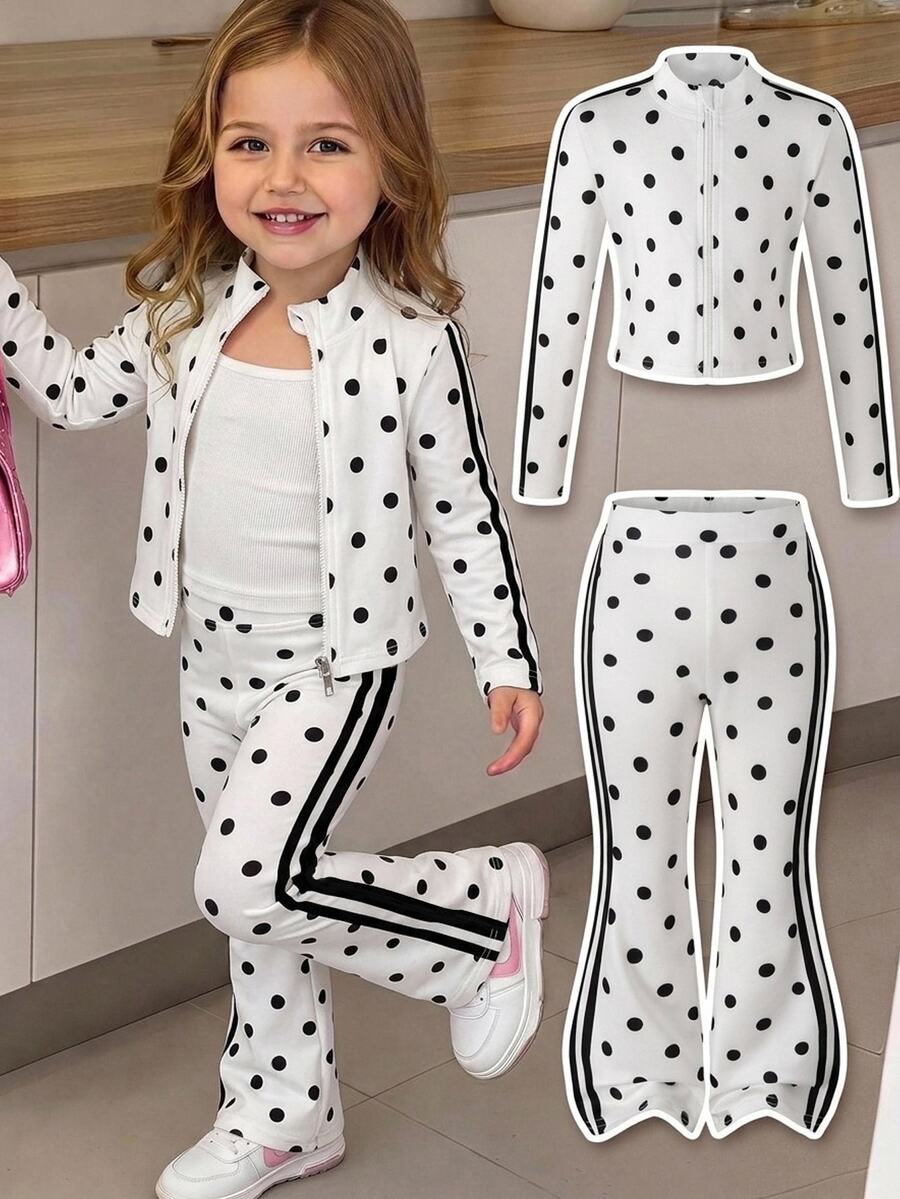 SHEIN Young Girl Polka Dot Print Jacket & Flare Pants Set - Multicolor - View 1