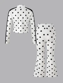 SHEIN Young Girl Polka Dot Print Jacket & Flare Pants Set - Multicolor - View 3