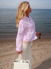 Sydney Algeri New Blue Striped Loose Hooded Shirt, Sun Protection - Pink - View 3