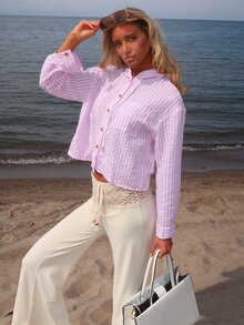 Sydney Algeri New Blue Striped Loose Hooded Shirt, Sun Protection - Pink - View 4