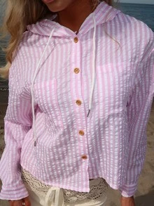 Sydney Algeri New Blue Striped Loose Hooded Shirt, Sun Protection - Pink - View 5