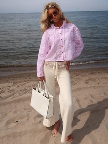 Sydney Algeri New Blue Striped Loose Hooded Shirt, Sun Protection - Pink - View 1