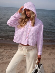 Sydney Algeri New Blue Striped Loose Hooded Shirt, Sun Protection - Pink - View 6