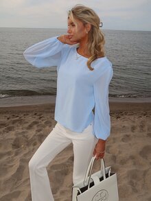 Sydney Algeri Women Light Blue Elegant Office Work Summer Round Neck Long Sleeve Mesh Patchwork Sheer Loose Blouse Puff Lantern Sleeve Top Casual Design Fabric - Baby Blue - View 5
