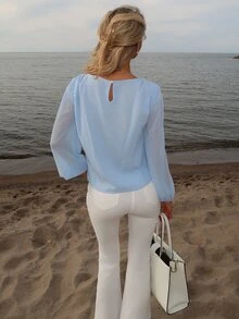 Sydney Algeri Women Light Blue Elegant Office Work Summer Round Neck Long Sleeve Mesh Patchwork Sheer Loose Blouse Puff Lantern Sleeve Top Casual Design Fabric - Baby Blue - View 2