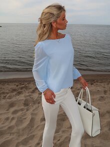 Sydney Algeri Women Light Blue Elegant Office Work Summer Round Neck Long Sleeve Mesh Patchwork Sheer Loose Blouse Puff Lantern Sleeve Top Casual Design Fabric - Baby Blue - View 4