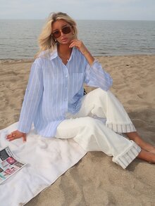 Sydney Algeri Women's Striped Rolled Sleeve Single-Breasted Casual Pocket Shirt - Baby Blue - View 6