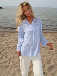 Sydney Algeri Women's Striped Rolled Sleeve Single-Breasted Casual Pocket Shirt - Baby Blue - View 1