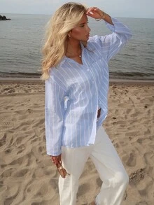 Sydney Algeri Women's Striped Rolled Sleeve Single-Breasted Casual Pocket Shirt - Baby Blue - View 5