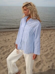 Sydney Algeri Women's Striped Rolled Sleeve Single-Breasted Casual Pocket Shirt - Baby Blue - View 4