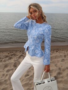 Sydney Algeri Women's Light Blue Floral Spring And Summer Elegant Tea Party Jacquard Blouse,French Chic Pearl Round Collar Pearl Button Slit Hem Luxurious Top - Blue - View 5