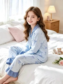 SHEIN Sweet Style Cherry And Bow Print Long Sleeve Cardigan And Pants 2 Pieces Set, Casual Comfortable Loungewear For Girls - Multicolor - View 3