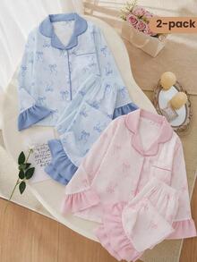 SHEIN Sweet Style Cherry And Bow Print Long Sleeve Cardigan And Pants 2 Pieces Set, Casual Comfortable Loungewear For Girls - Multicolor - View 6