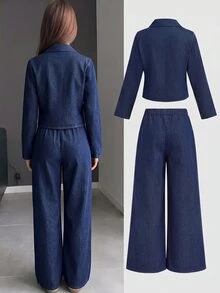 SHEIN 兒童 2 件組 Y2K 時尚青少年女孩深藍色牛仔休閒套裝與寬鬆牛仔褲套裝，適合黑色上學穿搭 - 藍色 - 查看 2