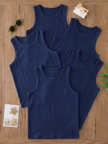 SHEIN 5-Piece Young Boys Minimalist Style Solid White Round Neck Sleeveless Lightweight Soft - Navy Blue - View 4