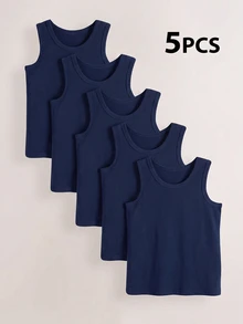 SHEIN 5-Piece Young Boys Minimalist Style Solid White Round Neck Sleeveless Lightweight Soft - Navy Blue - View 3