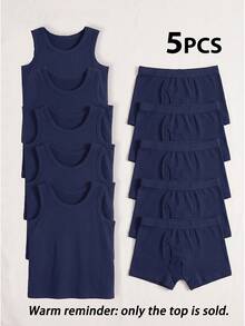 SHEIN 5-Piece Young Boys Minimalist Style Solid White Round Neck Sleeveless Lightweight Soft - Navy Blue - View 1