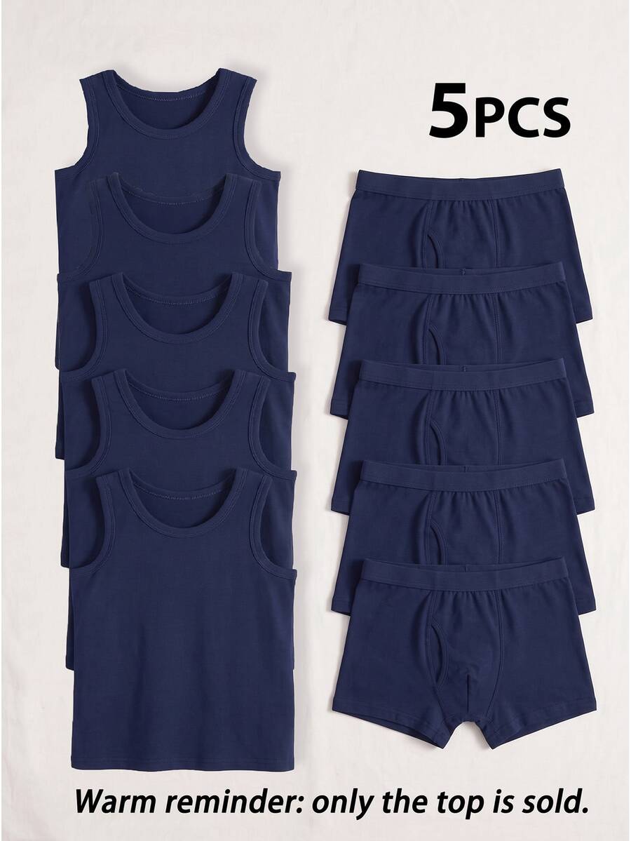 SHEIN 5-Piece Young Boys Minimalist Style Solid White Round Neck Sleeveless Lightweight Soft - Navy Blue - View 1