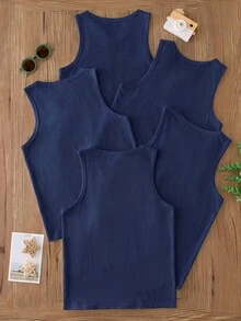 SHEIN 5-Piece Young Boys Minimalist Style Solid White Round Neck Sleeveless Lightweight Soft - Navy Blue - View 2
