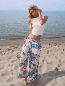 Sydney Algeri Women's Casual Vacation Apricot Base Big Fish Print Waist Drawstring Design Wide Leg Pants, Spring/Summer ,Petite Women - Multicolor - View 4
