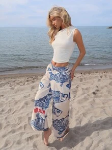 Sydney Algeri Women's Casual Vacation Apricot Base Big Fish Print Waist Drawstring Design Wide Leg Pants, Spring/Summer ,Petite Women - Multicolor - View 6