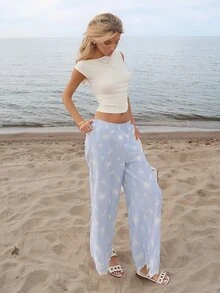 Sydney Algeri Women's Elastic Waist Striped Floral Embroidered Casual Pants, Suitable For Vacation And Urban Lifestyle Boho - Blue and White - View 5