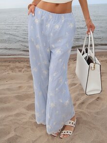 Sydney Algeri Women's Elastic Waist Striped Floral Embroidered Casual Pants, Suitable For Vacation And Urban Lifestyle Boho - Blue and White - View 3