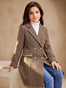 SHEIN Tween Girl Fleece Long Sleeve Wool Overcoat, Fall Winter, Outdoor, Back To School, Daily, Holiday - Black and White - View 2