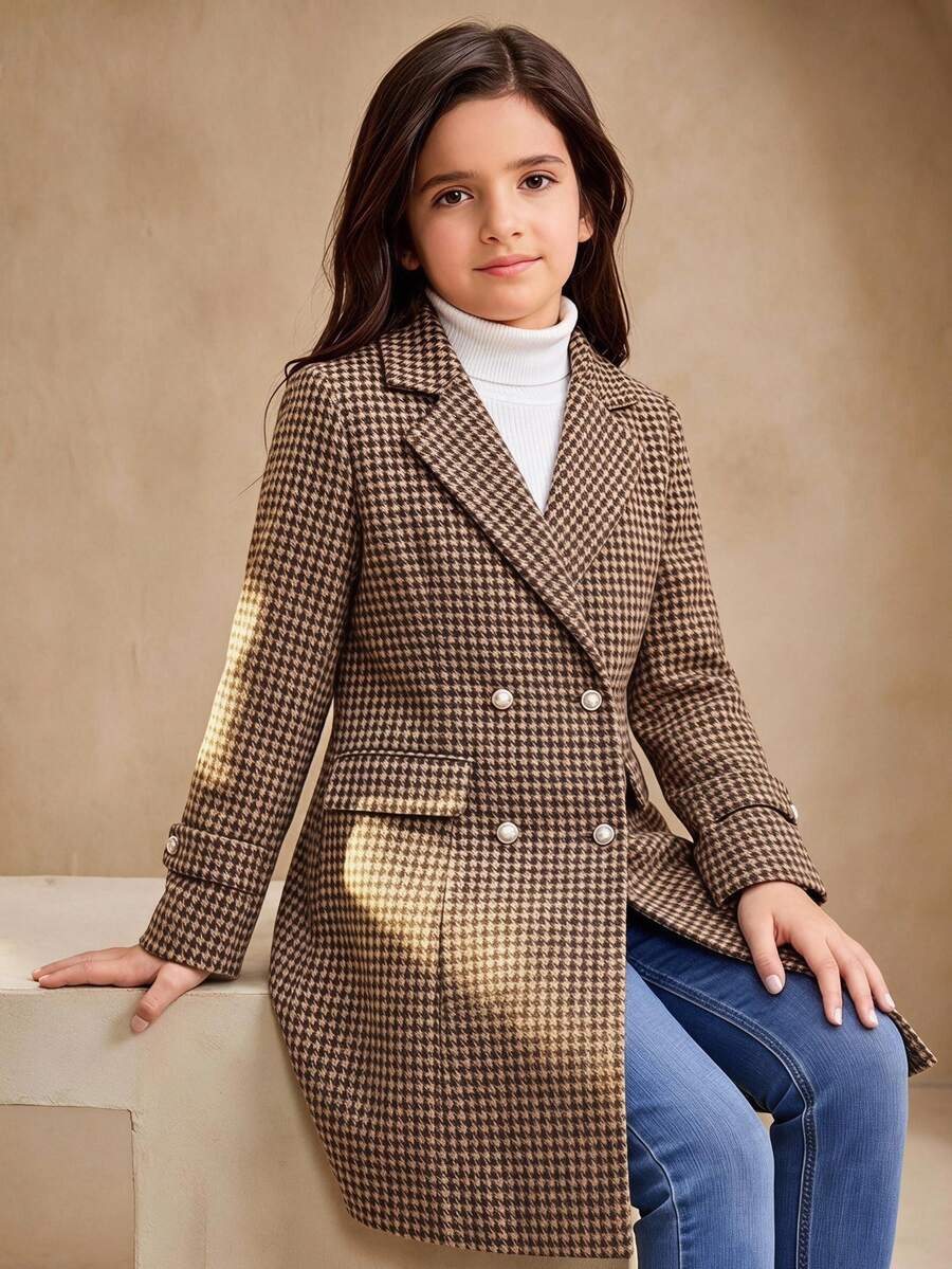 SHEIN Tween Girl Fleece Long Sleeve Wool Overcoat, Fall Winter, Outdoor, Back To School, Daily, Holiday