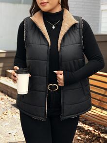 SHEIN LUNE Plus Size Women's Zipper Front Pocket Casual Smart Casual Baggy Cowboy Vest Autumn Coat Going Out Rodeo Club Black - Black - View 5