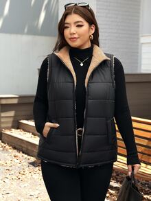 SHEIN LUNE Plus Size Women's Zipper Front Pocket Casual Smart Casual Baggy Cowboy Vest Autumn Coat Going Out Rodeo Club Black - Black - View 7