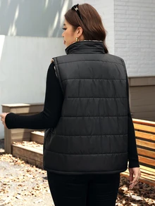SHEIN LUNE Plus Size Women's Zipper Front Pocket Casual Smart Casual Baggy Cowboy Vest Autumn Coat Going Out Rodeo Club Black - Black - View 2