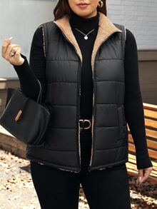 SHEIN LUNE Plus Size Women's Zipper Front Pocket Casual Smart Casual Baggy Cowboy Vest Autumn Coat Going Out Rodeo Club Black - Black - View 3