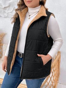SHEIN LUNE Plus Size Women's Zipper Front Pocket Casual Smart Casual Baggy Cowboy Vest Autumn Coat Going Out Rodeo Club Black - Black - View 8