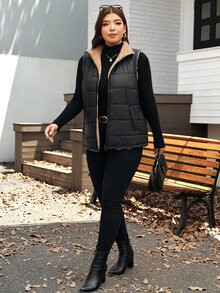 SHEIN LUNE Plus Size Women's Zipper Front Pocket Casual Smart Casual Baggy Cowboy Vest Autumn Coat Going Out Rodeo Club Black - Black - View 4