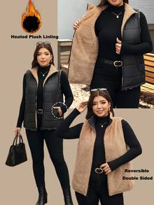 SHEIN LUNE Plus Size Women's Zipper Front Pocket Casual Smart Casual Baggy Cowboy Vest Autumn Coat Going Out Rodeo Club Black - Black - View 1