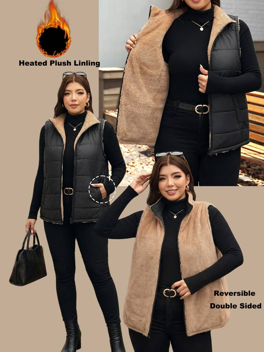 SHEIN LUNE Plus Size Women's Zipper Front Pocket Casual Smart Casual Baggy Cowboy Vest Autumn Coat Going Out Rodeo Club Black - Black - View 1