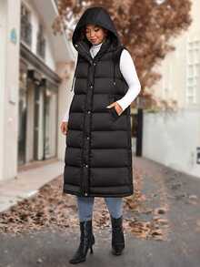 EMERY ROSE Plus Size Casual Sleeveless Hooded Long Padded Coat With Pockets, Black Winter - Black - View 5