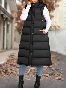 EMERY ROSE Plus Size Casual Sleeveless Hooded Long Padded Coat With Pockets, Black Winter - Black - View 4