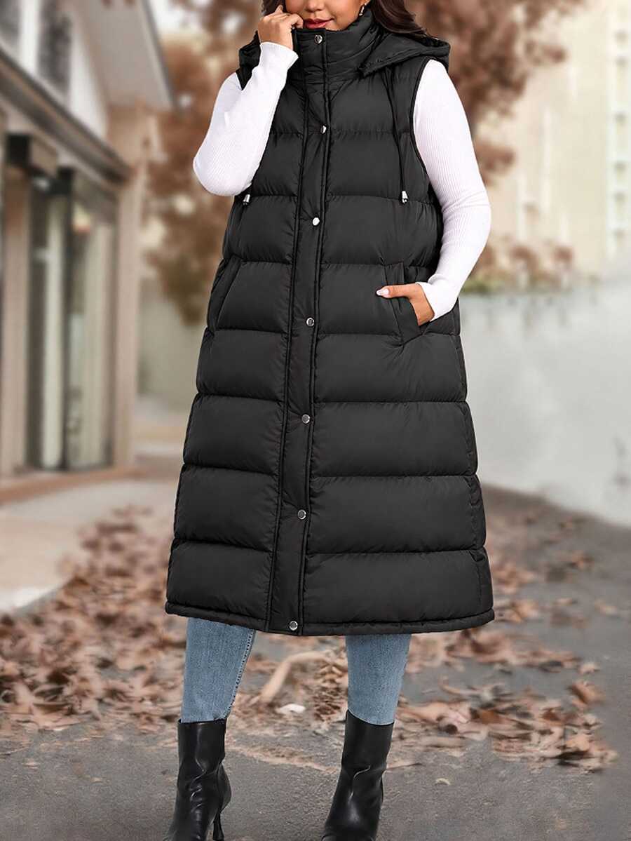 EMERY ROSE Áo khoác phao dài có mũ không tay phong cách thường ngày size lớn, có túi, màu đen, mùa đông - màu đen - Xem 1